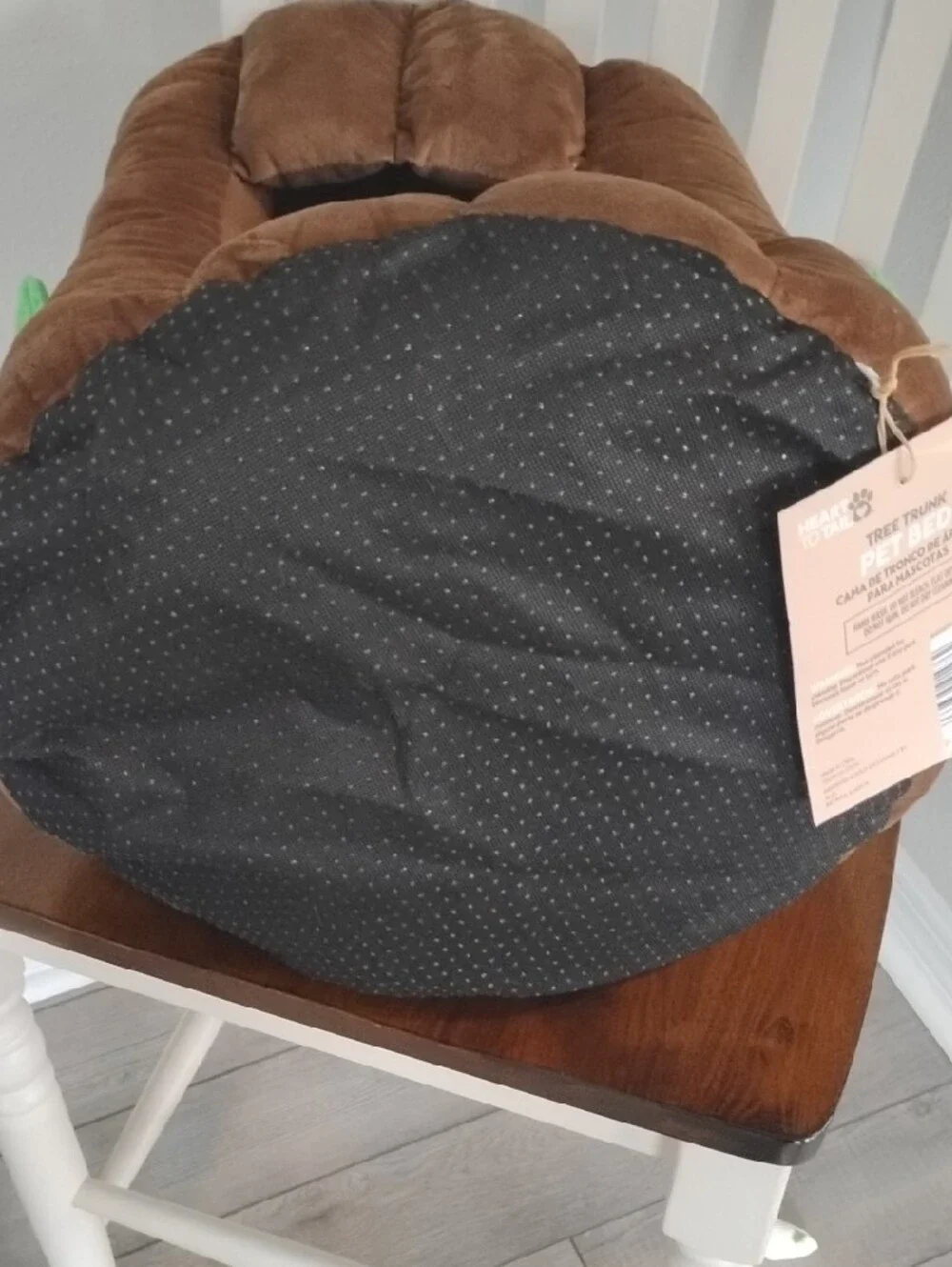 Plush Brown Tree Stump Cat Bed with Green Leaf Accents